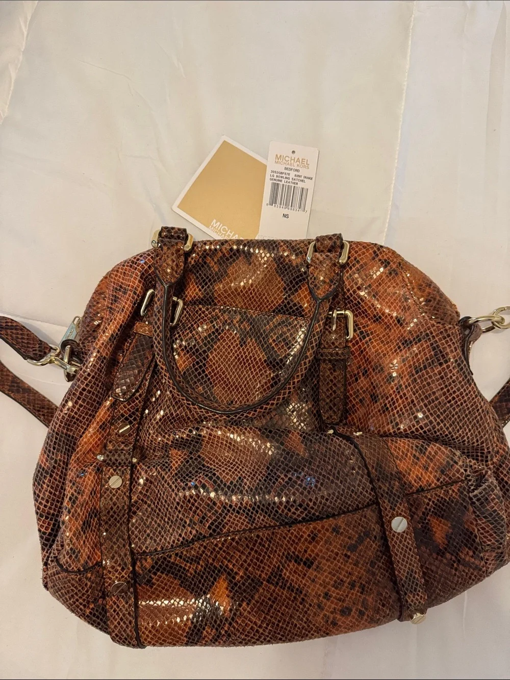 Michael Kors Brown Snake-Print Satchel with Gold Hardware